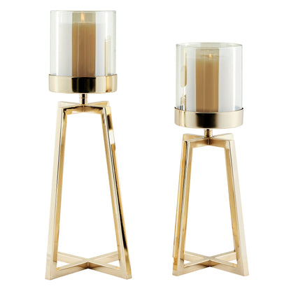 Maeve Tinted Glass Warm Gold Pedestal Hurricane Candle Holders - Set of 2