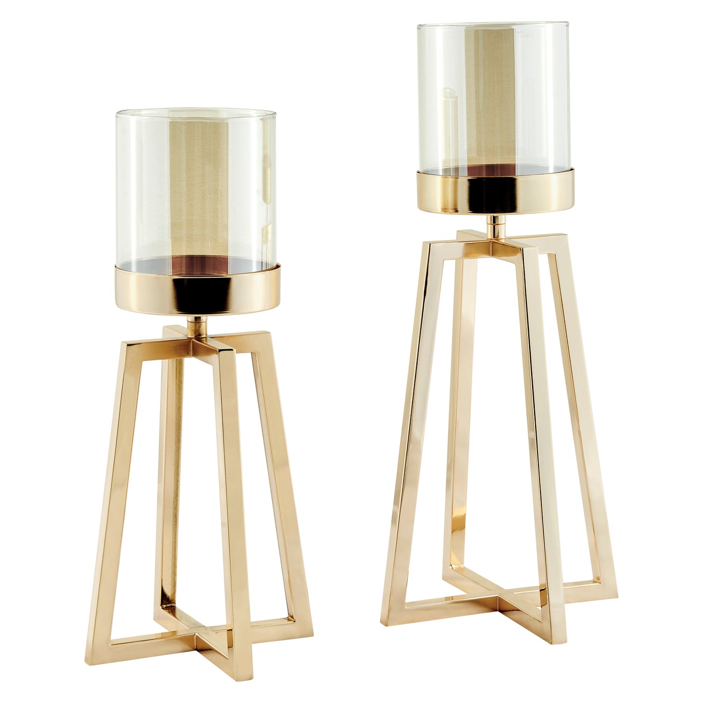 Maeve Tinted Glass Warm Gold Pedestal Hurricane Candle Holders - Set of 2