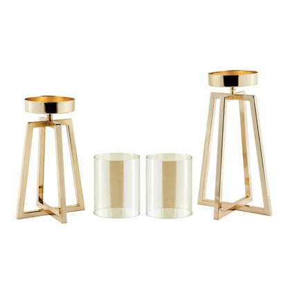 Maeve Tinted Glass Warm Gold Pedestal Hurricane Candle Holders - Set of 2