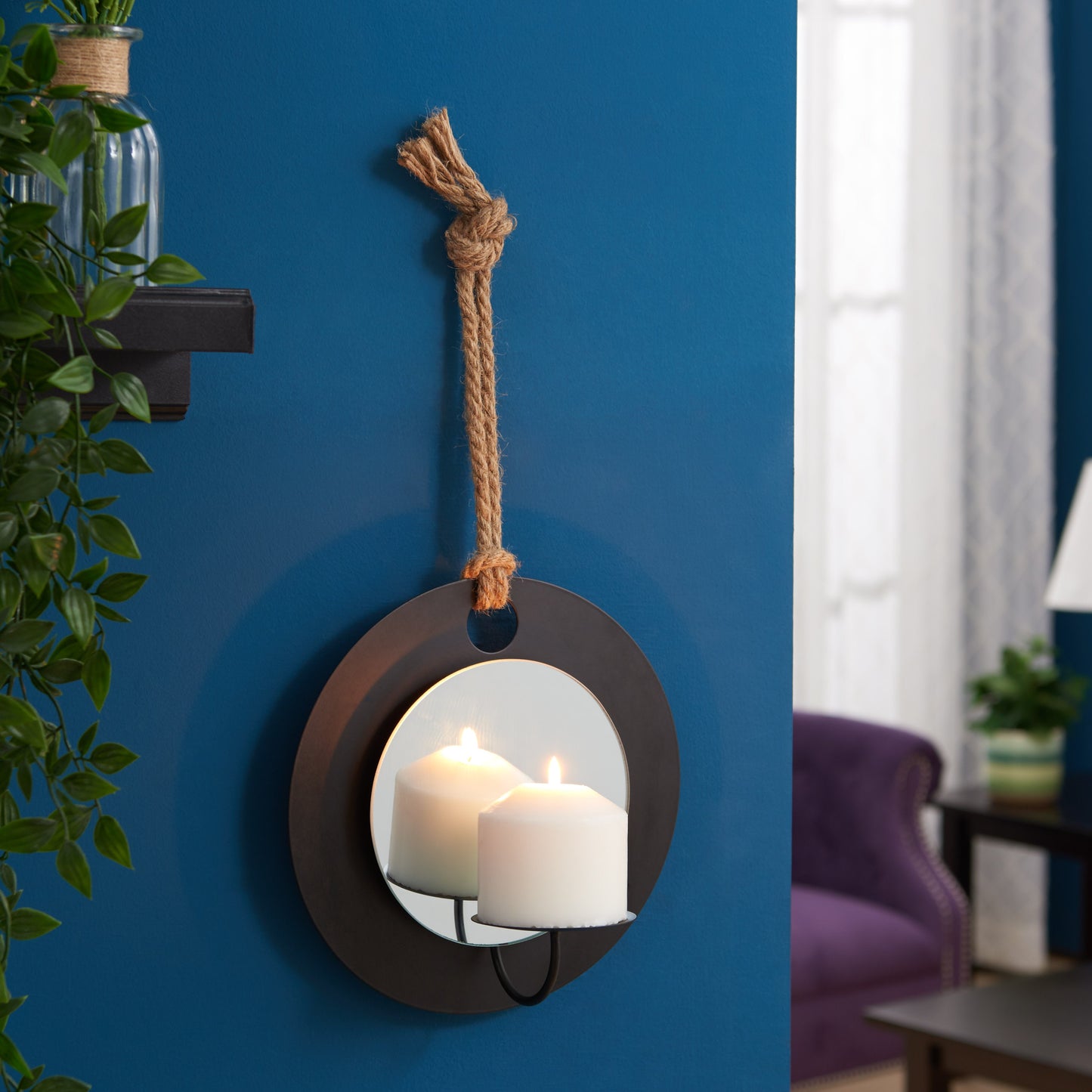 Decorative Round Rustic Pillar Candle Sconce with Rope and Mirror Wall Accent