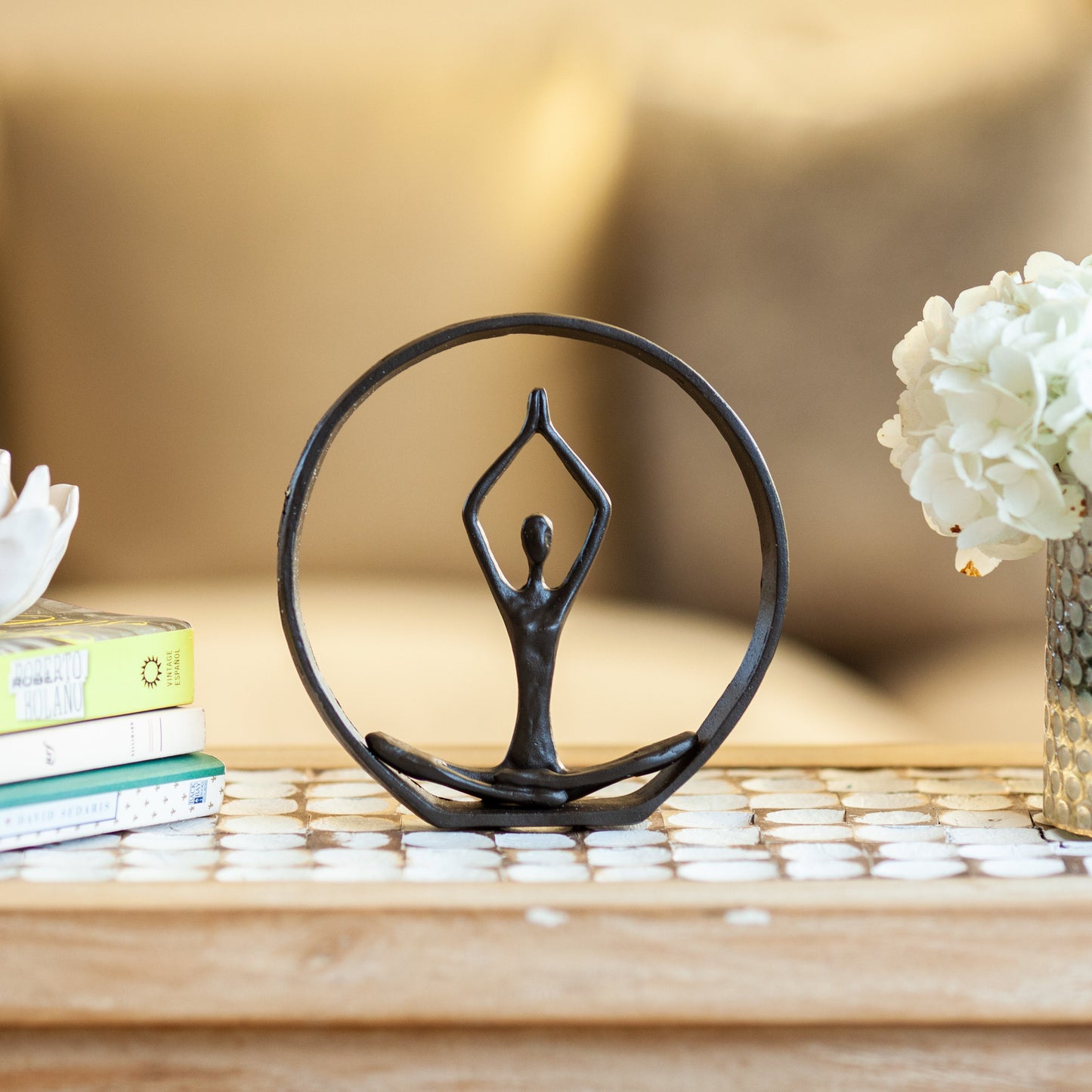 Circle Iron Sculpture with Figurine in Yoga Pose " Namaste Spiritual Home Decor Iron Sculpture