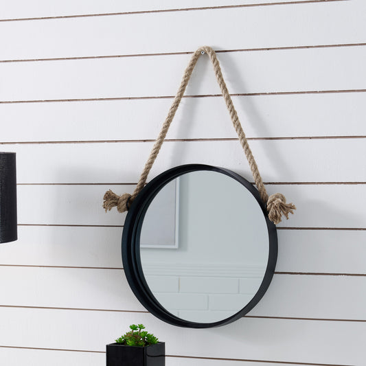 15in Black Iron Framed Round Accent Mirror with Hanging Rope