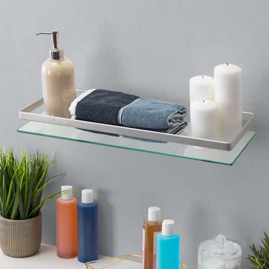 Floating Wall Mount Tempered Glass Bathroom Shelf with  Brushed Chrome Rail