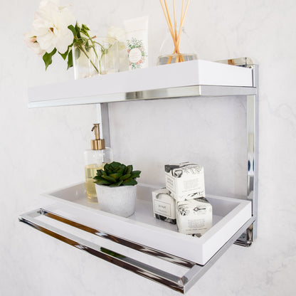 Bathroom Accessories and Decor " Wall Mount 2-Tier Chrome Shelving Unit with Towel Rack and White Removable Trays