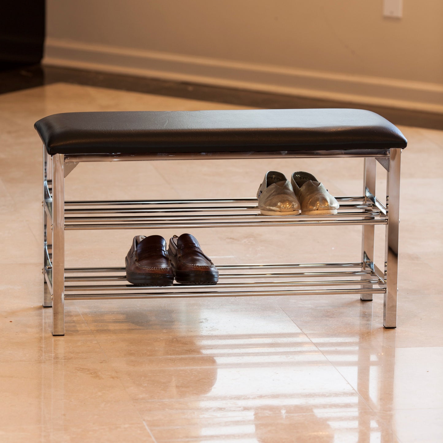 Black Leatherette Storage Entryway Bench with Chrome Frame