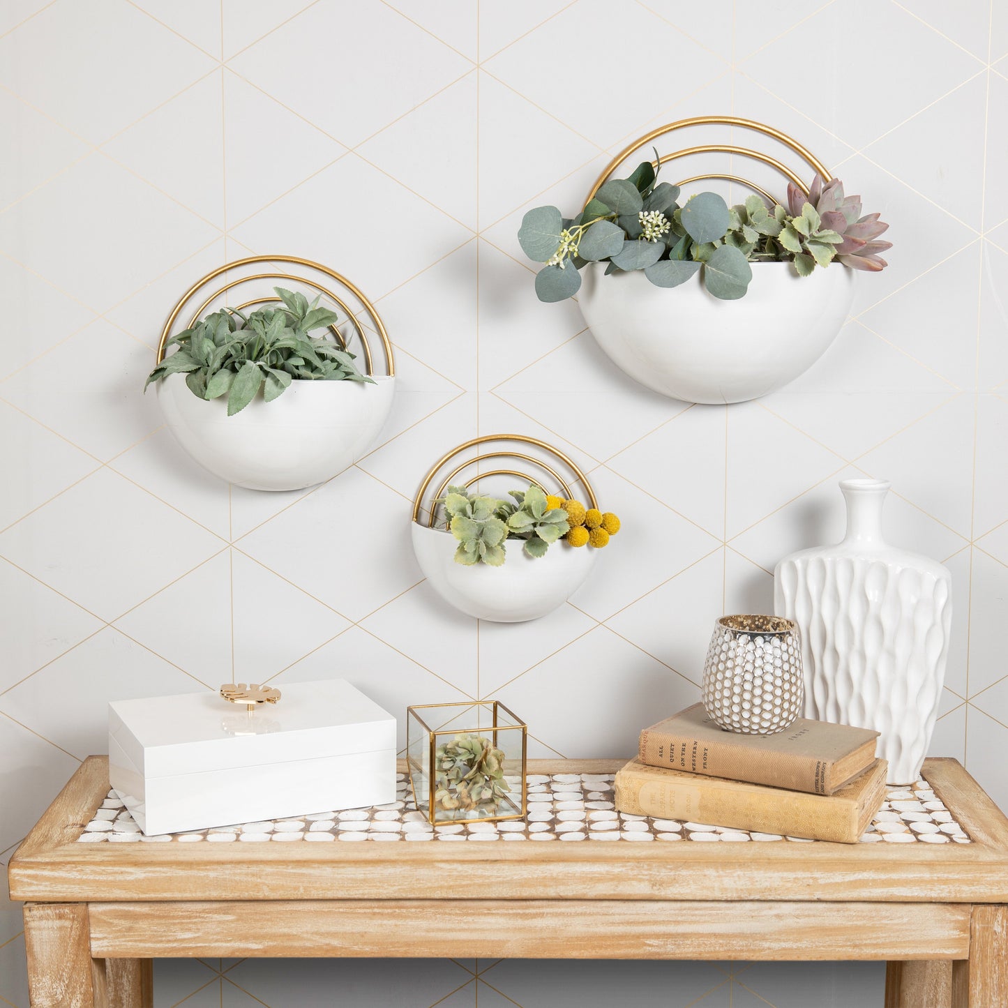 Crescent 3-Piece Metal Wall Planter Set - White with Gold Detail