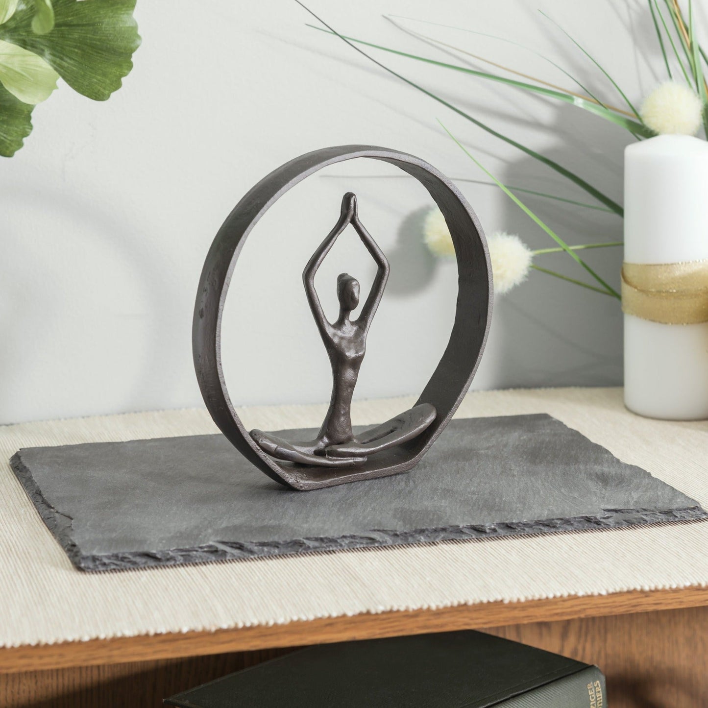 Circle Iron Sculpture with Figurine in Yoga Pose " Namaste Spiritual Home Decor Iron Sculpture