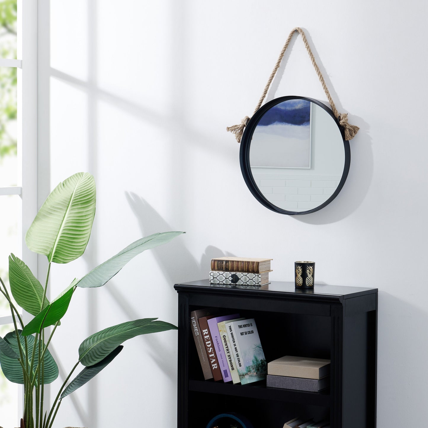 18in Black Iron Framed Round Accent Mirror with Hanging Rope