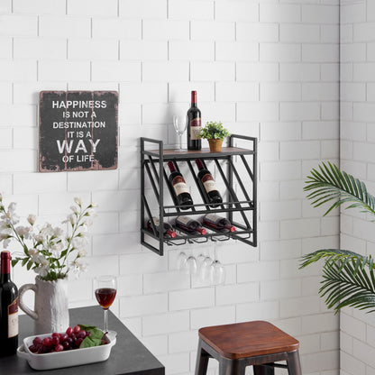 Industrial Wall Mount Metal Wine Rack with Shelf and Stemware Rack