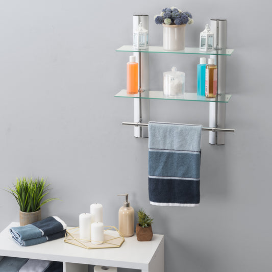 2 Tier Adjustable Glass Shelf with Aluminum Frame and Towel Bar