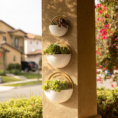 Crescent 3-Piece Metal Wall Planter Set - White with Gold Detail