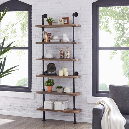 Industrial Modern Rustic 6-Tier Iron Pipe Wall Mount Ladder Shelving Unit in Distressed Wood Finish