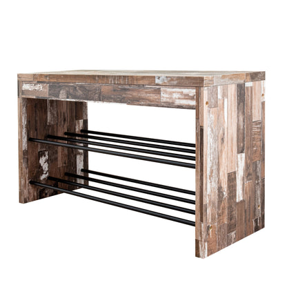 Industrial Decorative Shoe Bench in Distressed Wood Finish with Two Metal Storage Racks