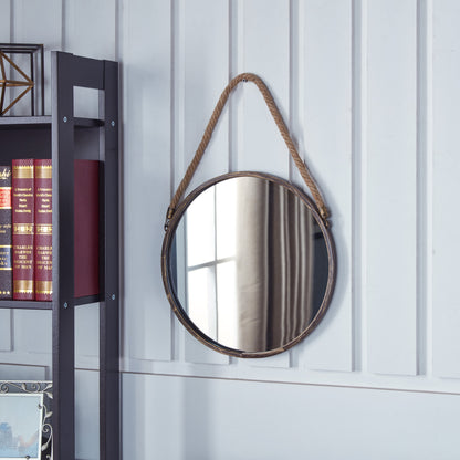 15" Gold Patina Round Mirror with Hanging Rope