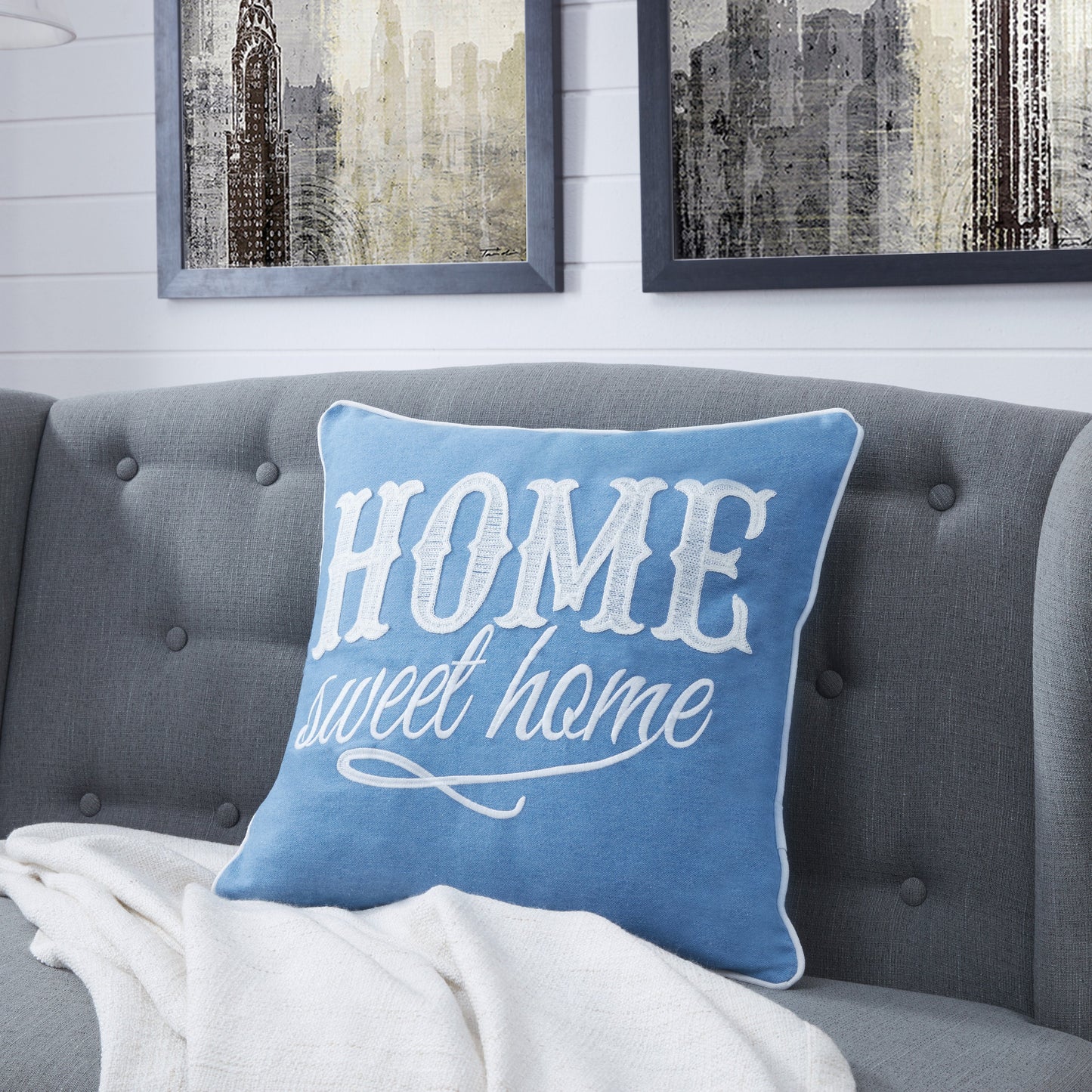 Blue Home Sweet Home Cotton Embroidered Decorative Toss Throw Accent Pillow