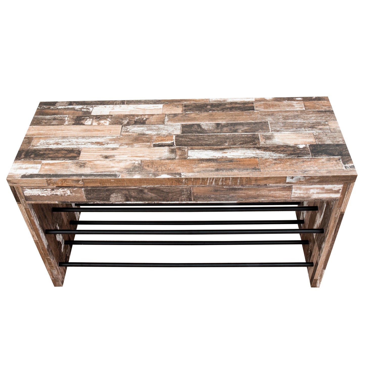 Industrial Decorative Shoe Bench in Distressed Wood Finish with Two Metal Storage Racks