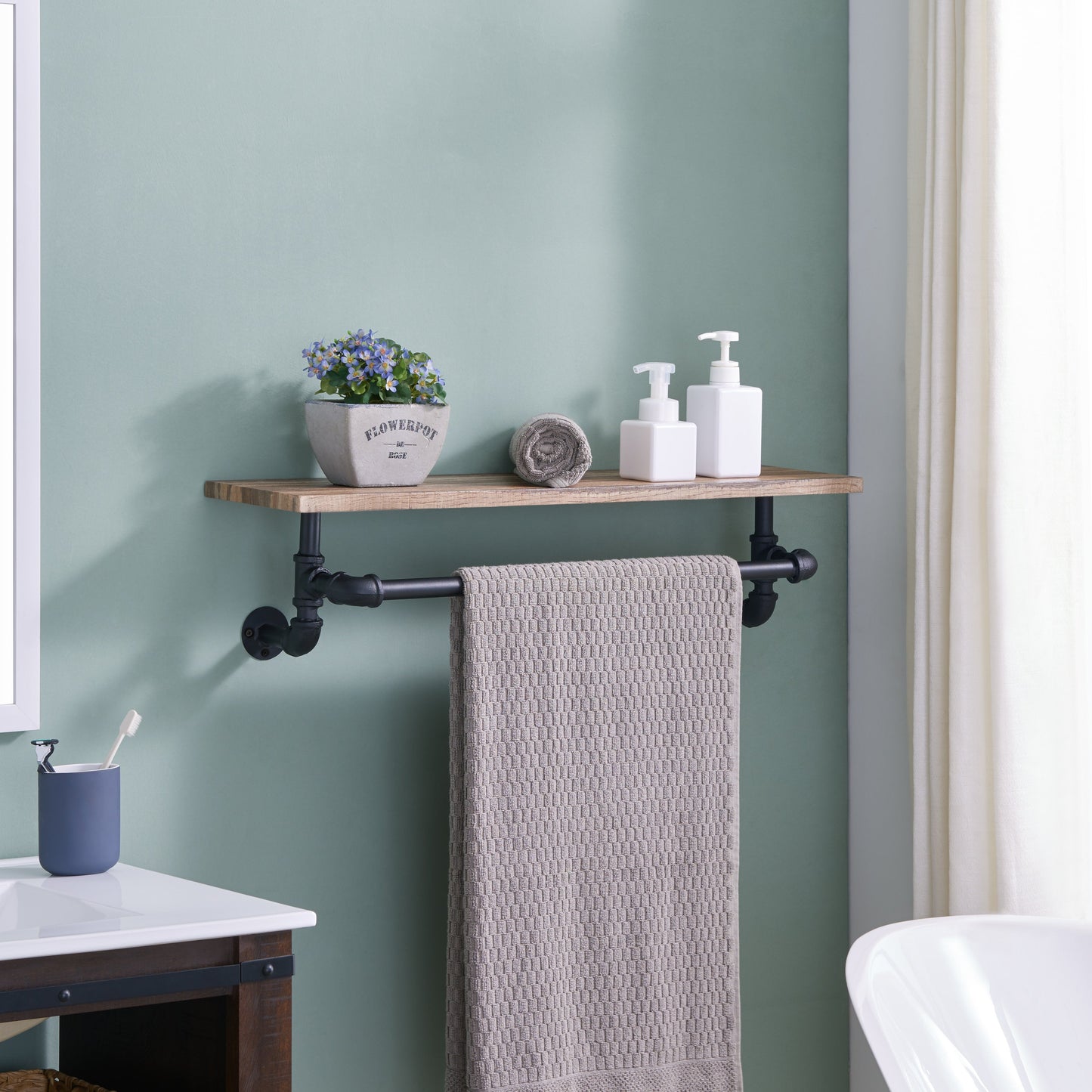 Industrial Modern Rustic Wall Mount Iron Pipe Towel Rack/Bar with Shelf in Distressed Wood Finish