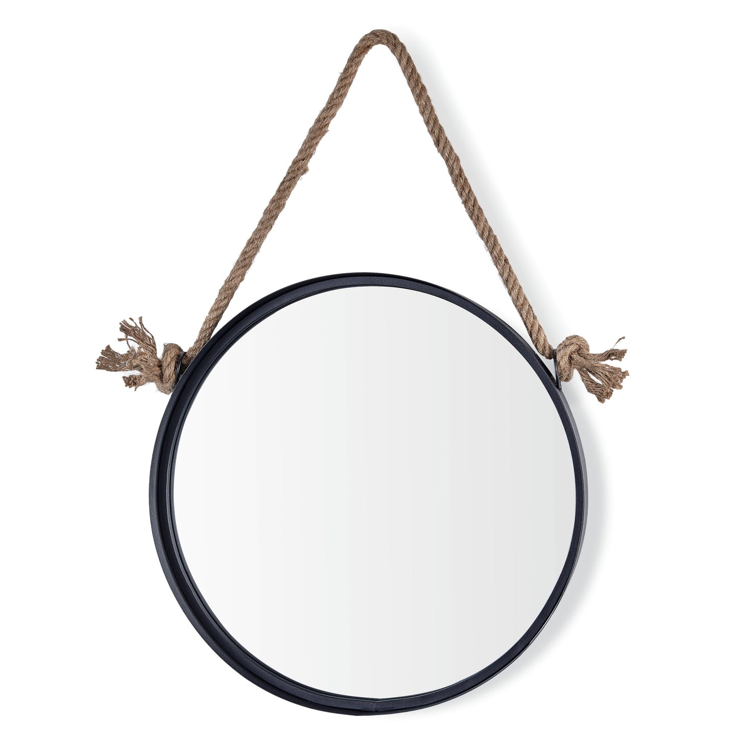 18in Black Iron Framed Round Accent Mirror with Hanging Rope