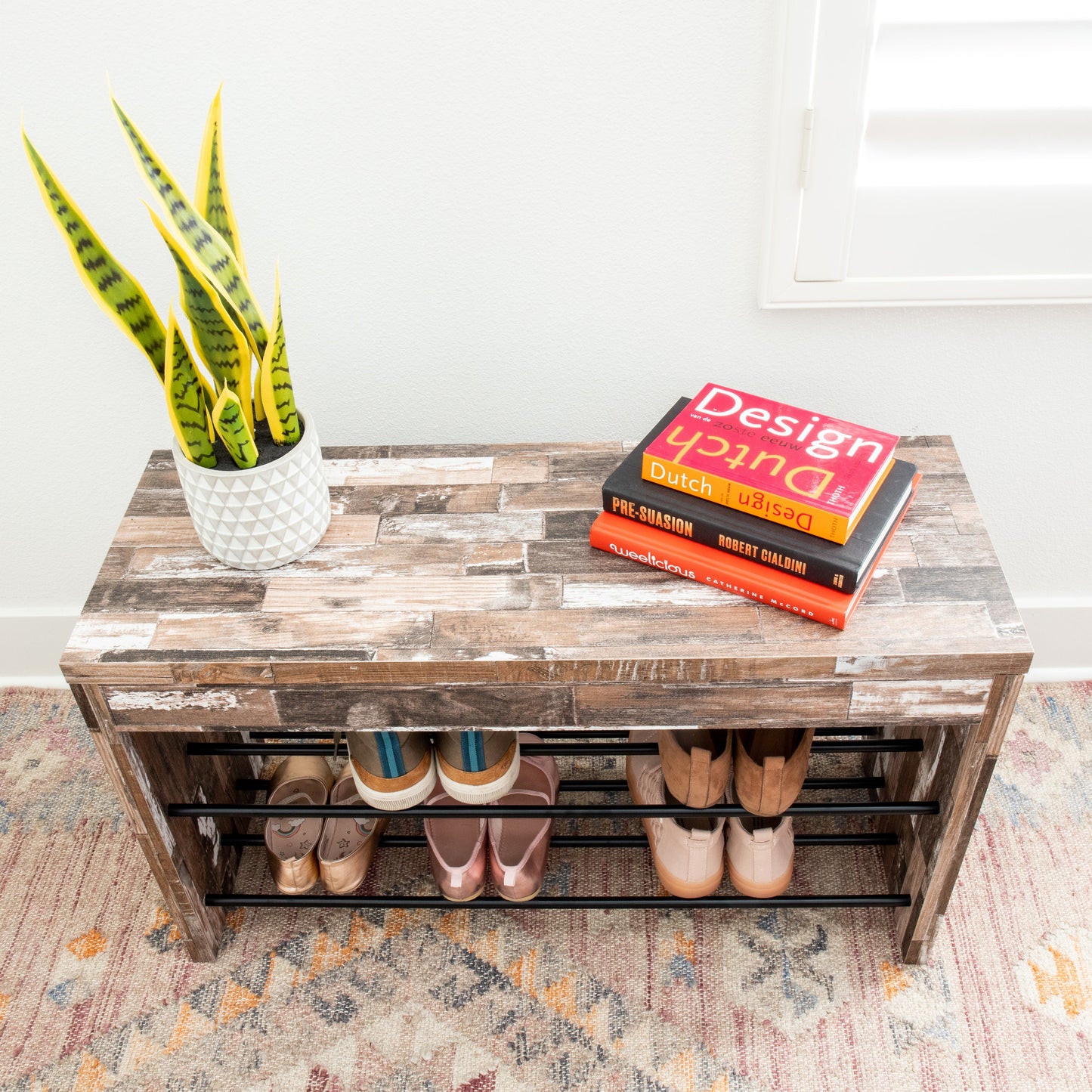 Industrial Decorative Shoe Bench in Distressed Wood Finish with Two Metal Storage Racks