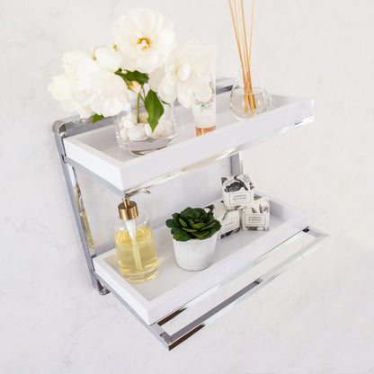 Bathroom Accessories and Decor " Wall Mount 2-Tier Chrome Shelving Unit with Towel Rack and White Removable Trays