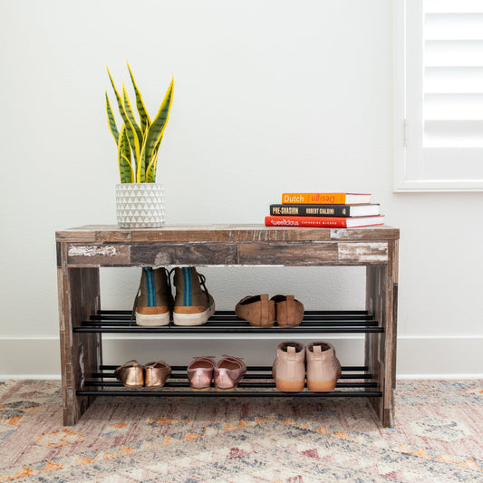 Industrial Decorative Shoe Bench in Distressed Wood Finish with Two Metal Storage Racks