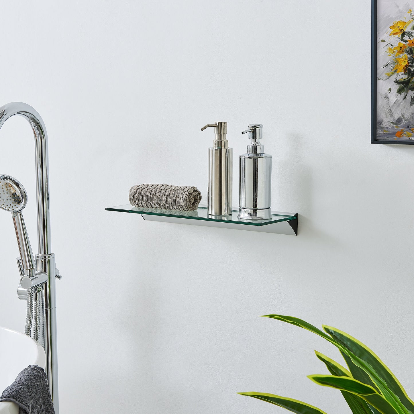 16 in Modern Clear Glass Floating Shelf on Aluminum Bar