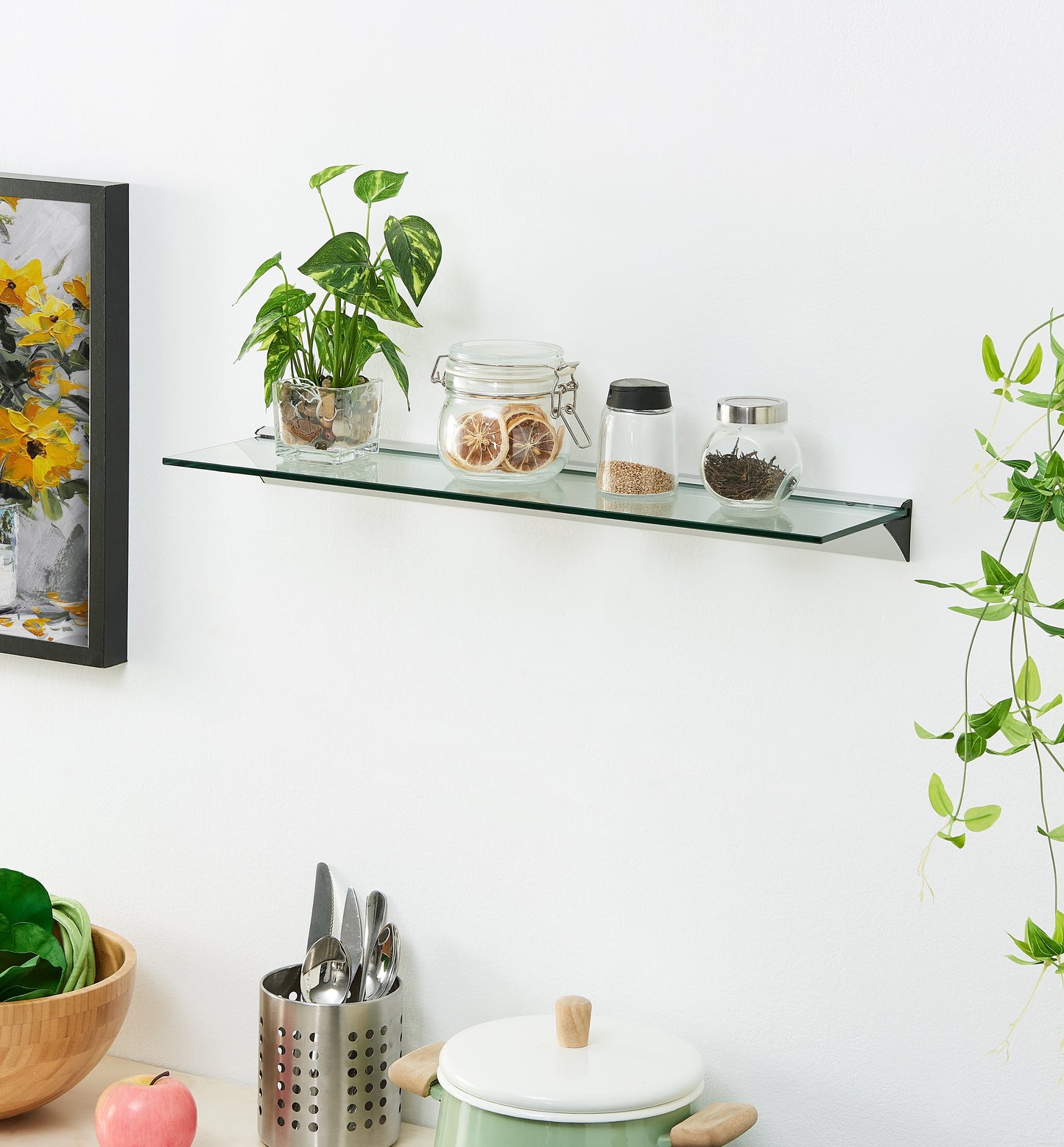 24 in Modern Clear Glass Floating Shelf on Aluminum Bar