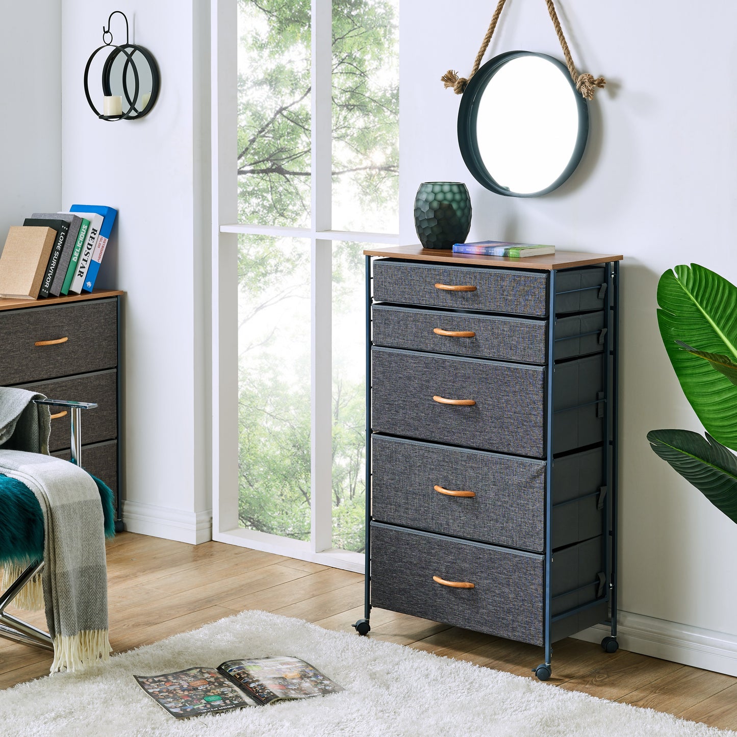 Fabric 5-Drawer Storage Dresser Chest with Steel Frame and Caster Wheels