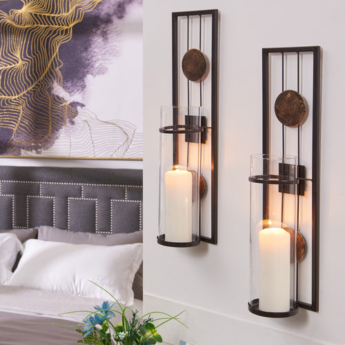 20 in. Modern Floating Decorative Metal Medallion Pillar Candle Sconces " Wall Mount " Set of 2