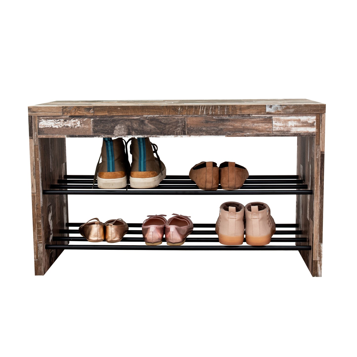 Industrial Decorative Shoe Bench in Distressed Wood Finish with Two Metal Storage Racks