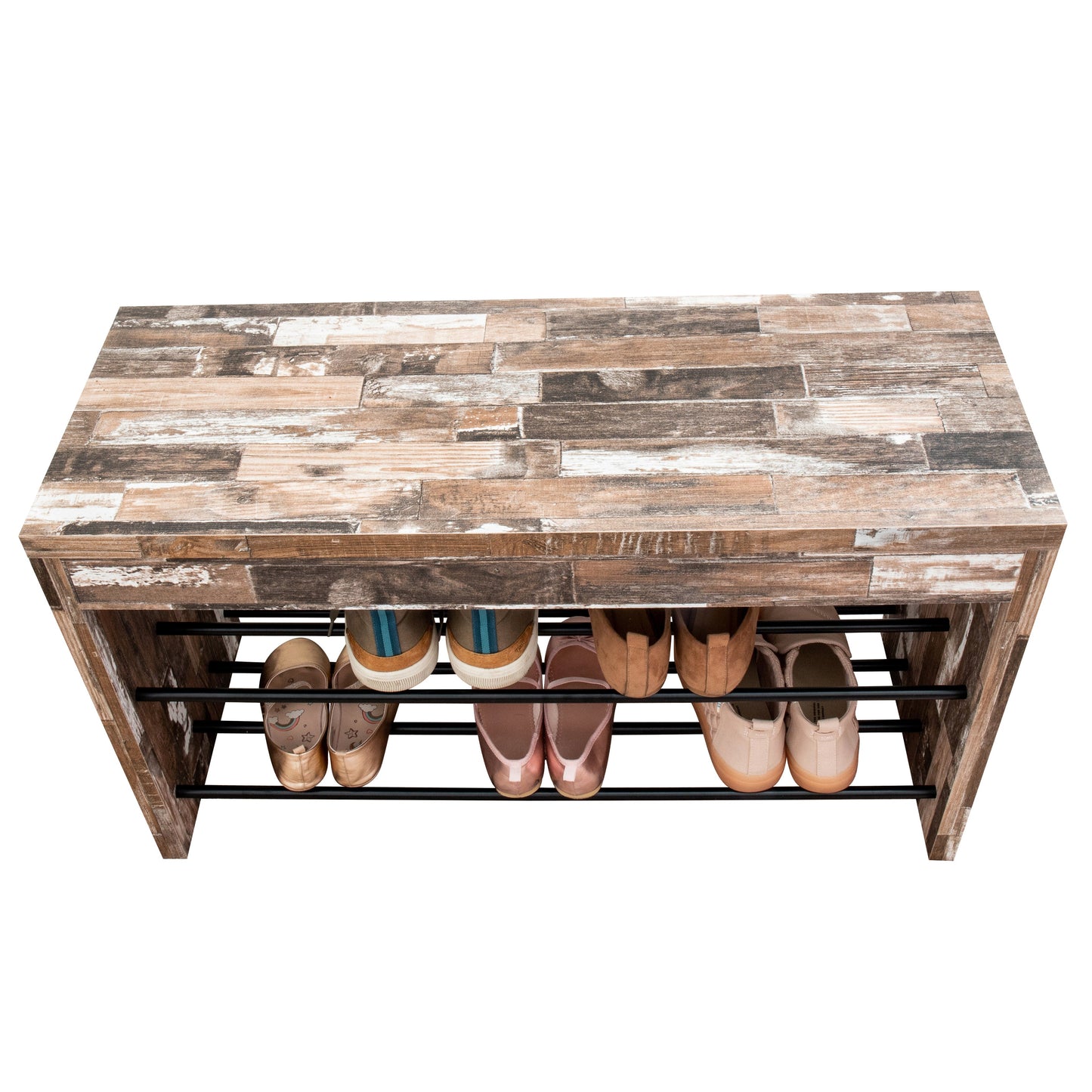 Industrial Decorative Shoe Bench in Distressed Wood Finish with Two Metal Storage Racks